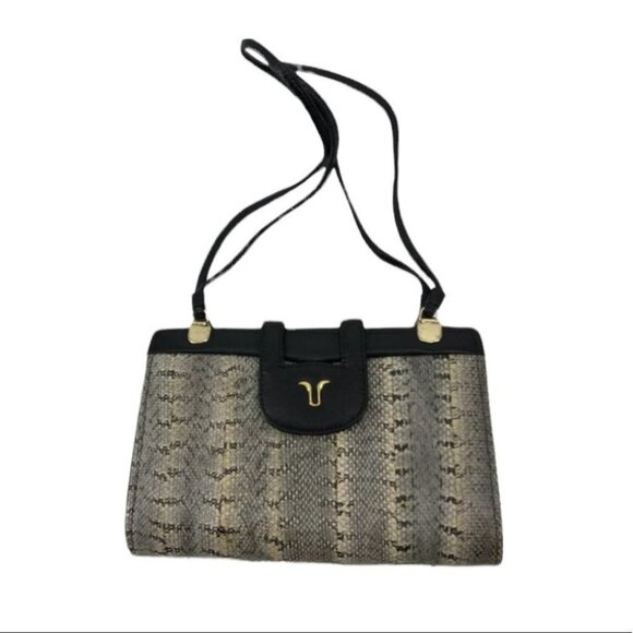 Snakeskin  top clasp shoulder bag tan black - Picture 1 of 13